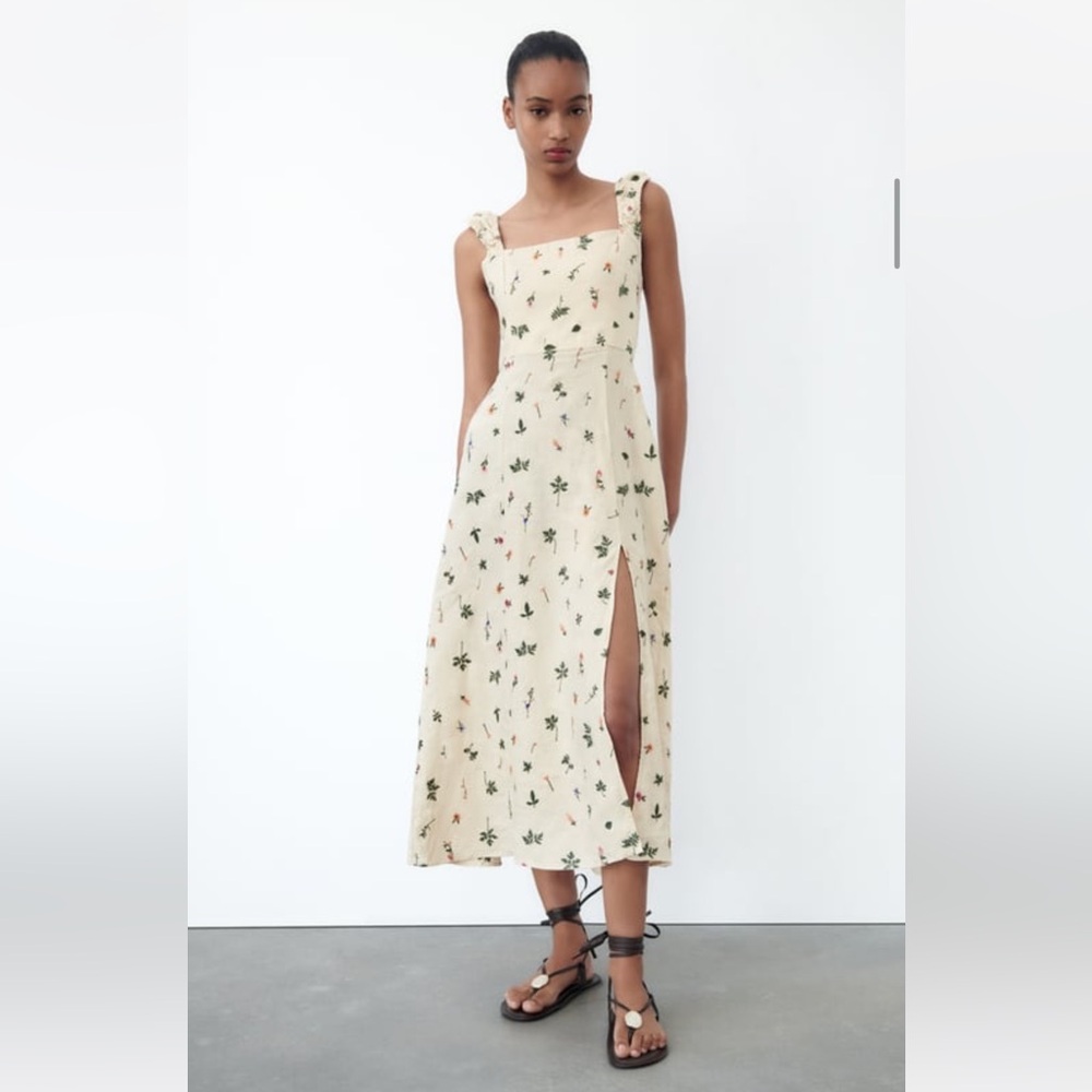 Zara Embroidered Linen Midi Dress